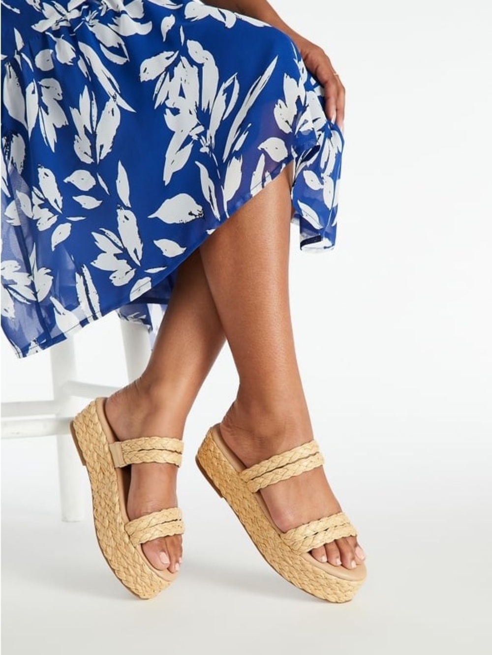Raffia Platform Slide Sandals - White
